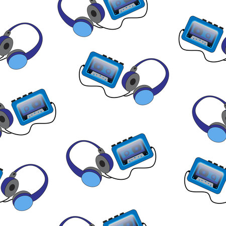 Portable cassette audio player and headphones on a white background. Seamless vector illustration.のイラスト素材