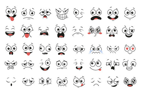 Cartoon faces. Expressive eyes and mouth, smiling, crying and surprised character face expressions. Caricature comic emotions or emoticon doodle. Isolated vector illustration icons setのイラスト素材