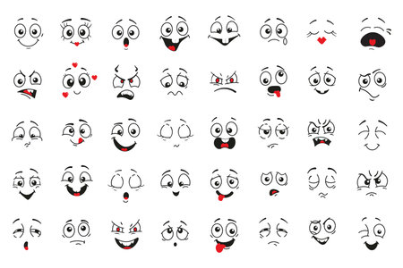 Cartoon comics faces set, Smiling, crying and surprised character face iconsのイラスト素材