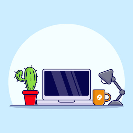 Laptop with plant and lamp cartoon vector icon illustrationのイラスト素材