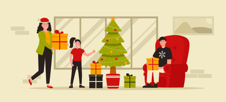 Happy family decorate christmas tree together with. Christmas and new year preparations backgroundのイラスト素材