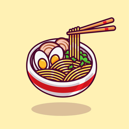 Floating ramen with chopstick, egg, mold, and vegetable isolated cartoon vectorのイラスト素材