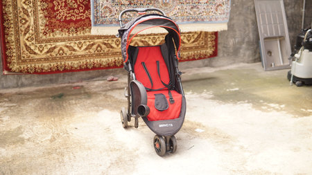 close up baby stroller photographed from the frontの写真素材