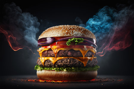 Big hamburger with smoke on black background.の写真素材