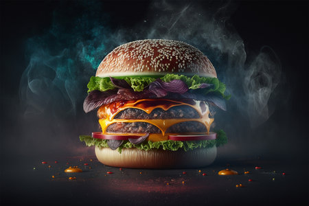 Hamburger on a dark background with smoke. Cinematic view. Commercial food. Commercial burgerの写真素材