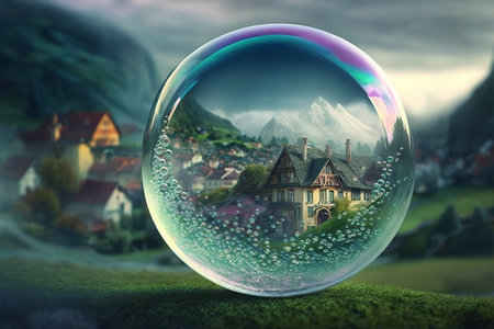 Beautiful soap bubble with old town in the background. 3D renderingの写真素材