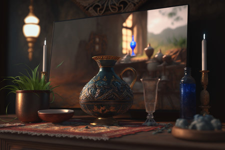 Vintage still life with a vase and candles on the tableの写真素材