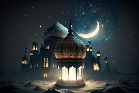 Islamic lantern and mosque with a moon and stars at the backgroundの写真素材