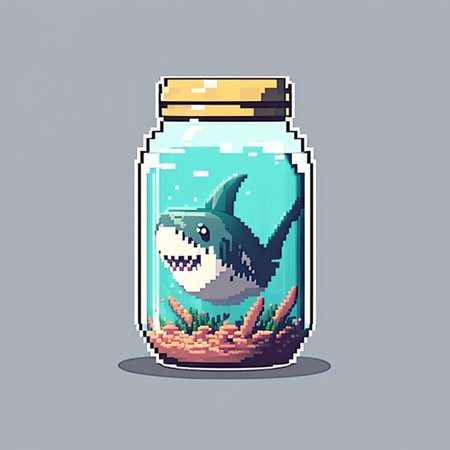 Pixel art fish in a jar. Vector illustration in retro style.の写真素材