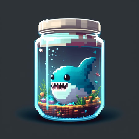 Vector illustration of pixelated fish in a jar. Game background.の写真素材
