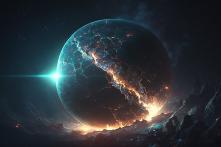 3D illustration of an abstract planet with a lightning in the centerの写真素材