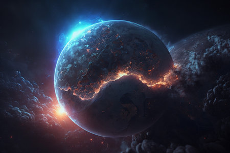 fantasy planet in space with sun rays and starsの写真素材