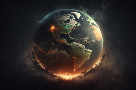 photo manipulation 3D planet earth gets hit causing an explosionの写真素材