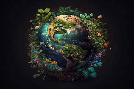 Planet earth surrounded by flowers and leaves realistic 3D photo manipulationの写真素材