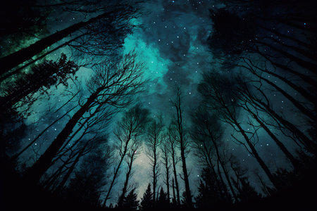Dark forest at night with stars and nebula. Vector illustration.の写真素材