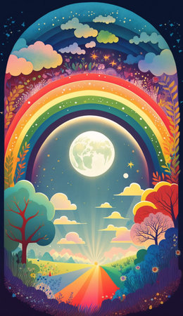 Fantasy landscape with rainbow, trees and moon illustrationの写真素材