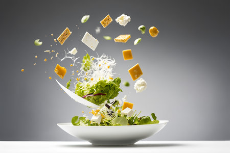 Healthy salad with cheese and sprouts flying in air. Mixed mediaの写真素材