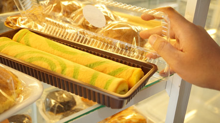 biscuit roll sponge cake with green tea on white background.の写真素材