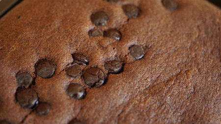 Chocolate cake with chocolate chips on a wooden background. Close-up.の写真素材