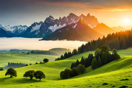 Foggy morning in the mountains. Colorful summer landscape in the Alps.の素材
