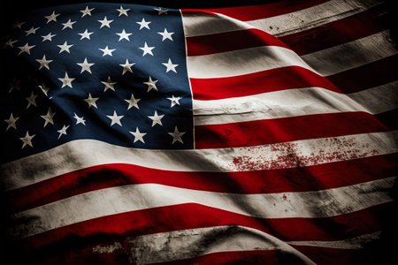 Closeup of rippled American flag, grunge background.の素材