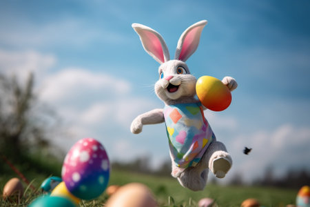 Easter bunny with colorful eggs on green grass and blue sky backgroundの素材