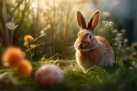 Rabbit and easter eggs in the grass. Easter concept.の素材
