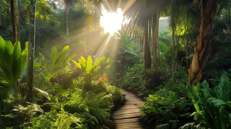 Tropical garden with wooden walkway and sunbeams.の素材