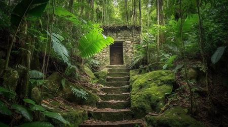 Old stone stairs in the rainforest of Bali island, Indonesiaの素材