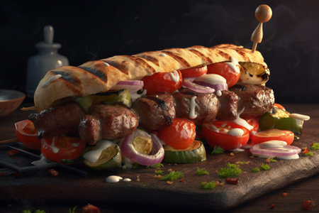 Grilled shish kebab with vegetables on a wooden boardの素材
