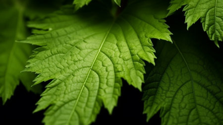 Green leaves on black background. Close-up. Shallow depth of field.の素材