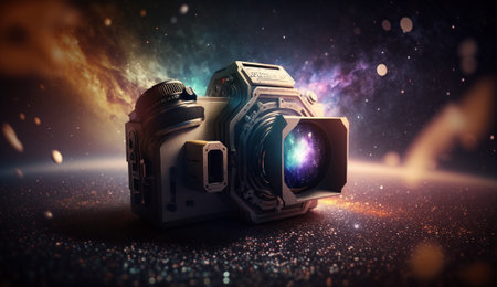 Vintage camera on abstract space background. 3d rendering toned imageの素材