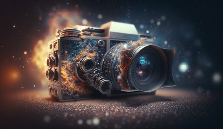 Vintage camera with fire effect on dark background. 3d renderingの素材