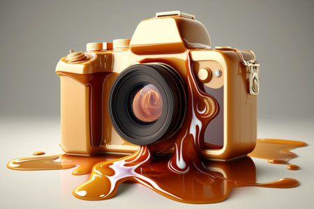 3d illustration of a golden camera with a drop of caramel.の素材