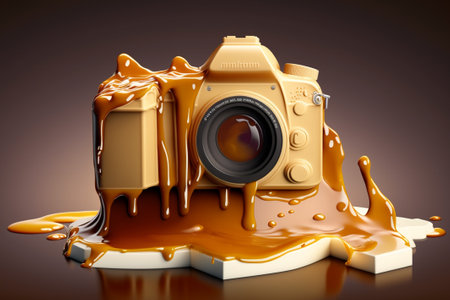 3d illustration of a digital camera with melted caramel on brown backgroundの素材