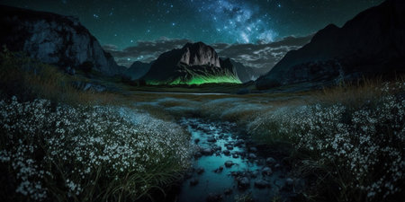 A starry night sky with a field of flowers in the foreground and a starry sky in the background.の素材