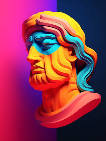 Illustration of the face of the ancient Greek god Apollo on a colorful backgroundの素材