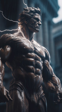 statue of a man with muscular body with lightning bolt on the chestの素材