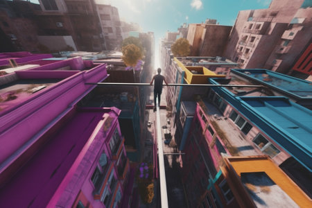 A man stands on a wire above a city street..の素材