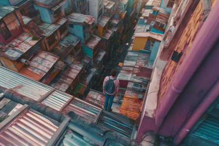 Aerial view of a man in a mask standing in front of a cargo container.の素材