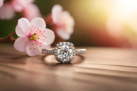 Jewelry diamond ring with cherry blossom on wooden table.の素材
