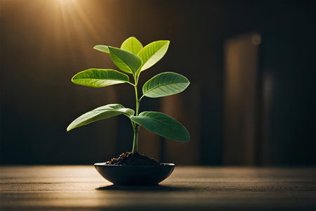 Young green plant in a pot on wooden table with books and sunlightの素材