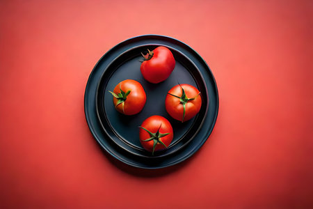 Tomatoes on a black plate on a red background, top viewの素材