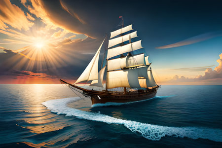 Sailing ship in the sea at sunset. 3d render.の素材