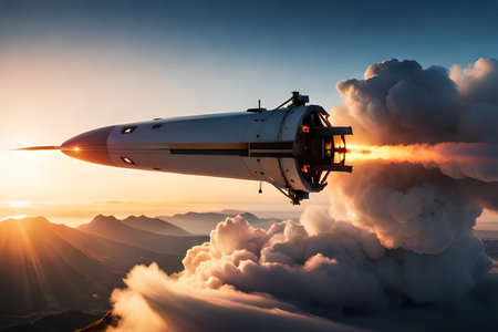 Space shuttle flying over clouds at sunset. 3D rendering and illustration.の素材