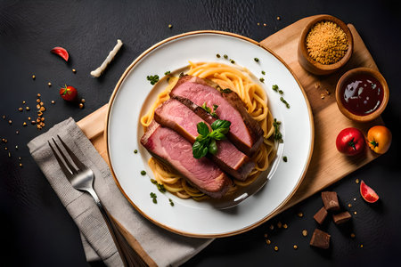 Spaghetti with roasted duck breast on white plate on dark background.の素材