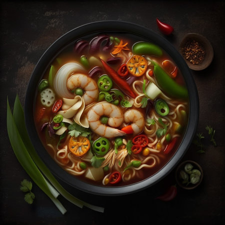 Tom yum soup with shrimps and vegetables in bowl on dark backgroundの素材