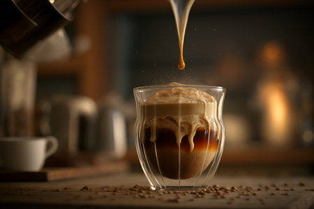 Coffee pouring into a glass cup with coffee beans in the backgroundの素材
