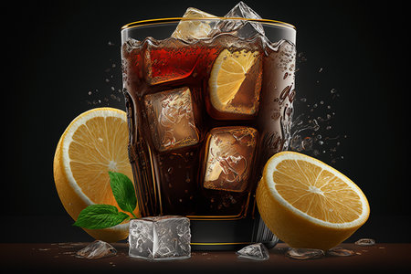 Glass of cola with ice cubes and lemon slices on black backgroundの素材