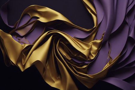 Abstract background of purple and yellow wavy silk or satin. 3d render illustrationの素材